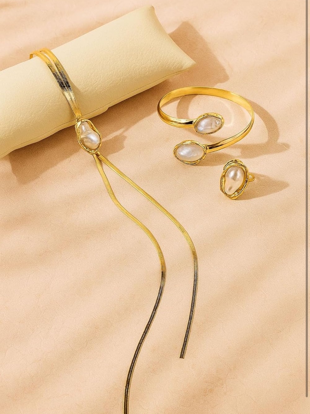 Gold Baroque Pearl Jewelry Set | Lariat Necklace, Open Cuff Bracelet & Ring